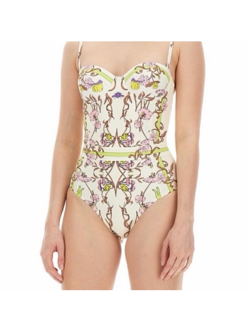 NWT Tory Burch Cream One-Piece Swimsuit with Pink & chartreuse Floral Print